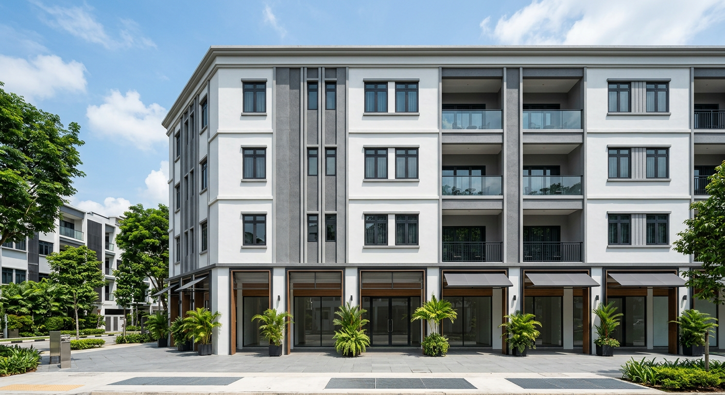 Illustrative image of a four-storey boutique hotel with ground-floor retail