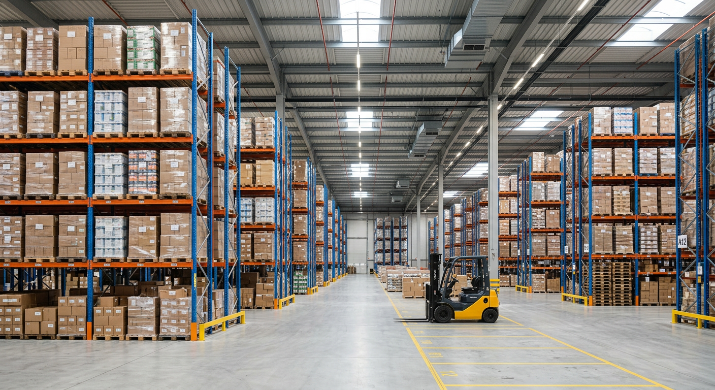 Illustrative image of an organised logistics warehouse with racking and forklift